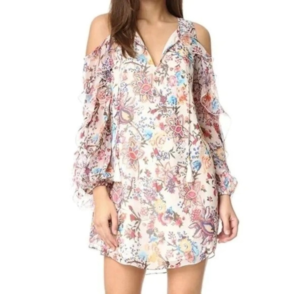 Haute Hippie Silk Floral Paisley Cold Shoulder Mini Boho Dress Multicolor Large